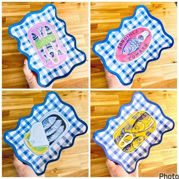 NWT C&C California Set of 4 Sardines Square Melamine Appetizer 9” plates Trays - Picture 1 of 16